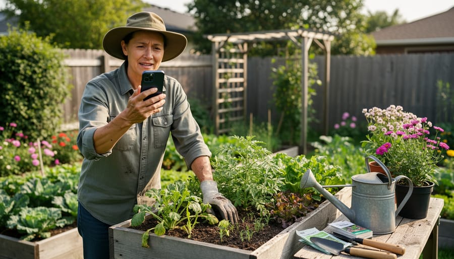 Gardener holding a smartphone and clipboard while preparing to contact a gardening helpline outdoors