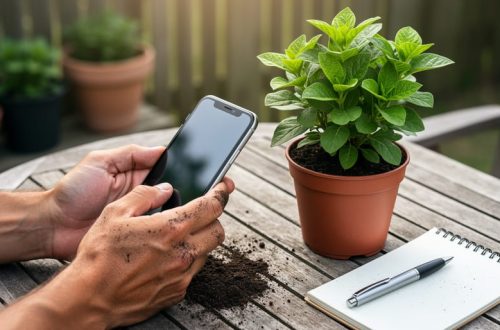 Close-up of a gardener’s hands photographing a potted plant while holding a smartphone and notepad in a home garden.