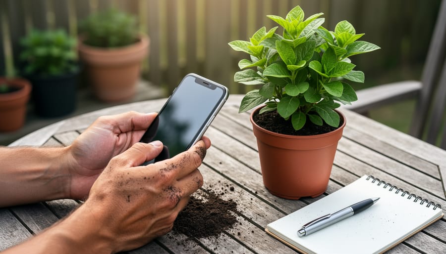 Close-up of a gardener’s hands photographing a potted plant while holding a smartphone and notepad in a home garden.
