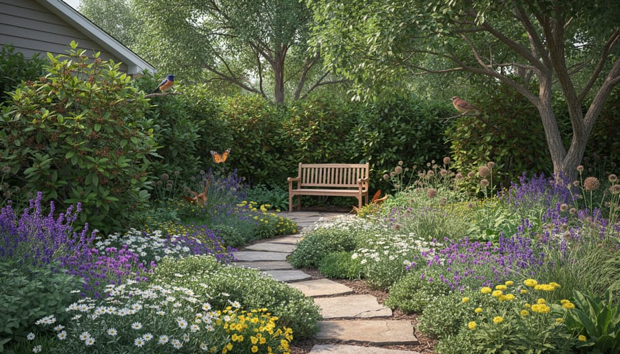 Wide view of a backyard garden with layered native shrubs, mulch, and bird feeders creating habitat for wildlife