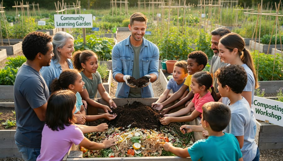 Volunteer giving a composting demonstration to a small group beside a compost station in a community garden.