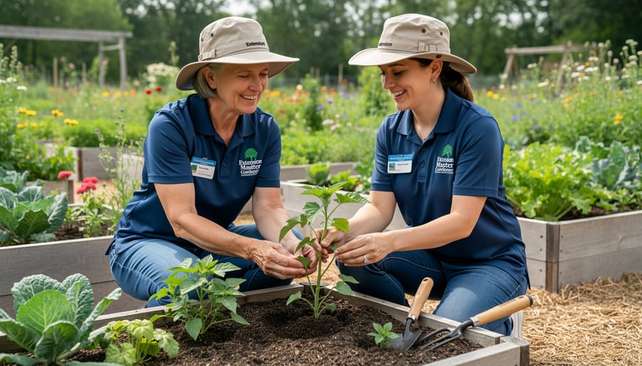 Master Gardener kneeling in a raised garden bed examining a flowering plant