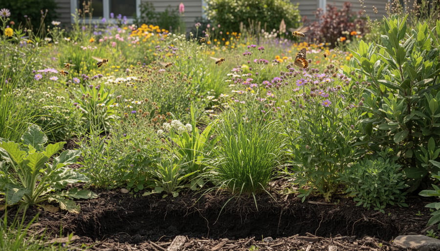 Native garden bed with layered plants, rich soil, and a pollinator feeding on a flower