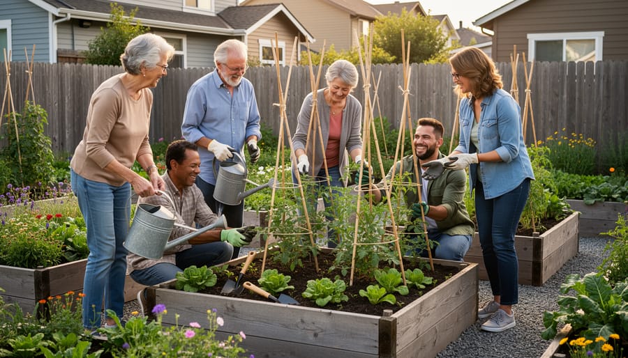 Neighbors and children working together in raised vegetable garden beds, watering seedlings and tending plants.