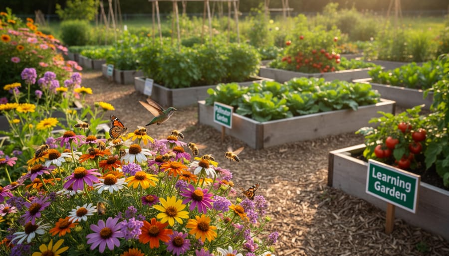 Butterfly on a flower in a pollinator-friendly section of a community learning garden with a watering can in the foreground.
