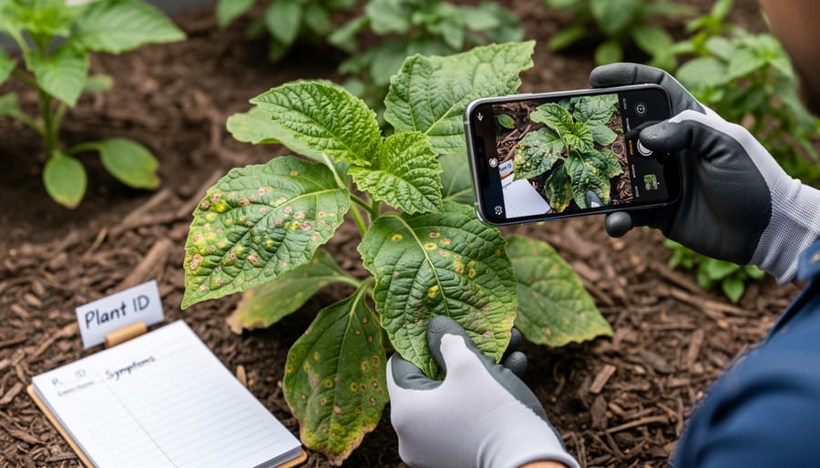 Tabletop view of clipped leaf photos and a plant specimen prepared for a gardening helpline