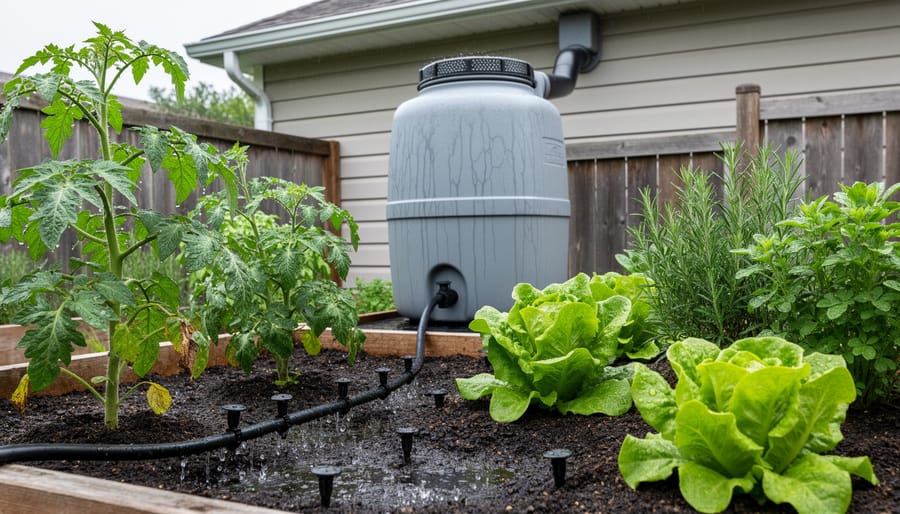 Rain barrel and drip irrigation delivering collected rainwater to a mulched garden bed