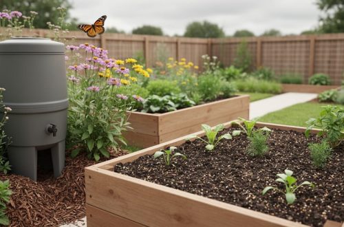 Backyard raised garden beds with dark compost soil, a nearby rainwater barrel, and native flowering plants with a butterfly in soft natural light.