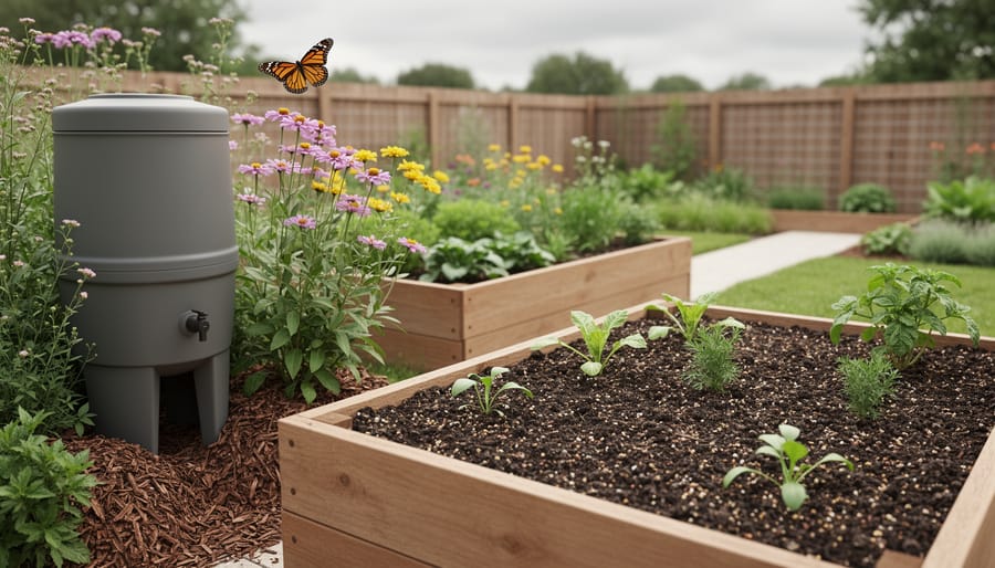 Backyard raised garden beds with dark compost soil, a nearby rainwater barrel, and native flowering plants with a butterfly in soft natural light.