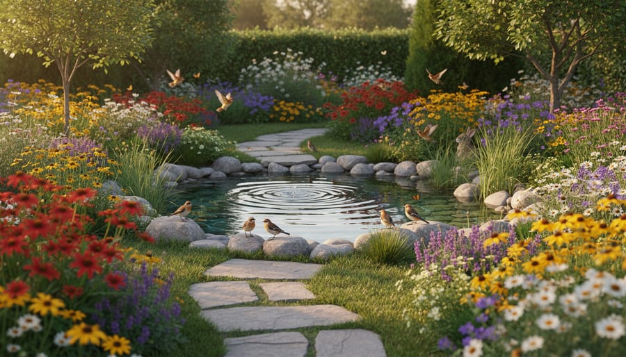 Wildlife-friendly garden with a birdbath and native plants in warm golden hour light