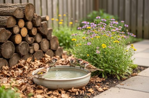 A compact courtyard garden with native wildflowers, a log pile for wildlife shelter, and a shallow water dish attracting birds and pollinators.