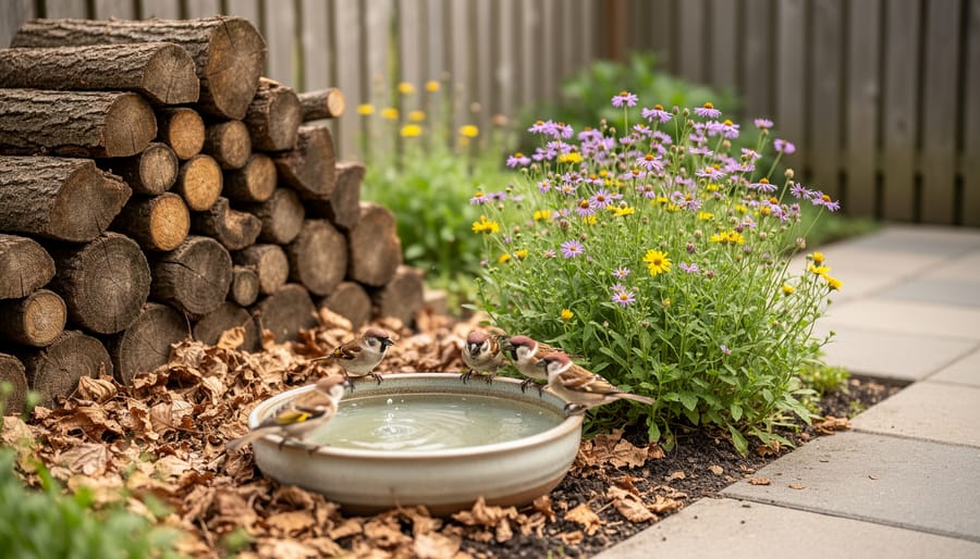 A compact courtyard garden with native wildflowers, a log pile for wildlife shelter, and a shallow water dish attracting birds and pollinators.